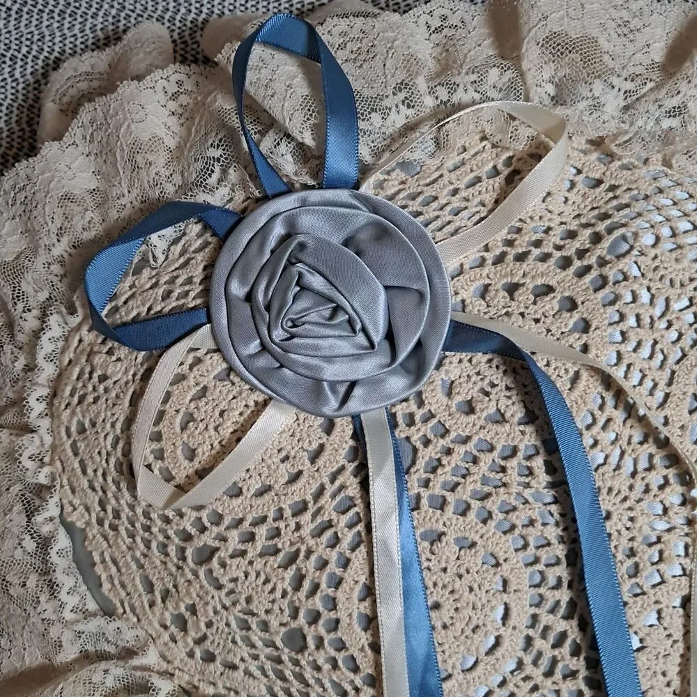 Vtg Boudoir Pillow Satin Doily Lace Ribbon Handmade Granny Core Blue Ivory 80s